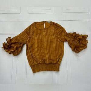 Haute Monde Gold Brown Ruffle Sleeve Chiffon Blouse Long Sleeve Top Size Small S